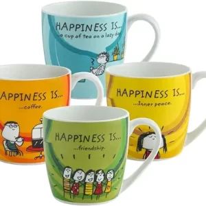 Clay Craft Fine Ceramic Happineess Is Coffee Mugs - Set of 4, Multicolour, 220ml