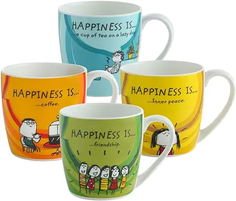 Clay Craft Fine Ceramic Happineess Is Coffee Mugs - Set of 4, Multicolour, 220ml